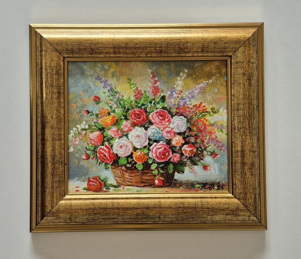 Oil on hardboard - Basket with flowers, beautiful
