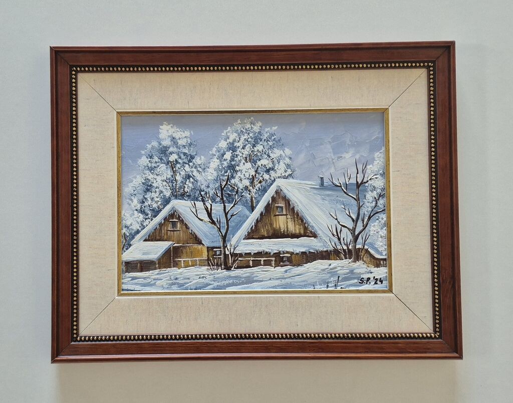 Oil on hardboard - Two houses in the snow, beautiful