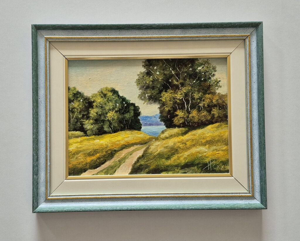 Oil on mediapan - Road to the lake, beautiful