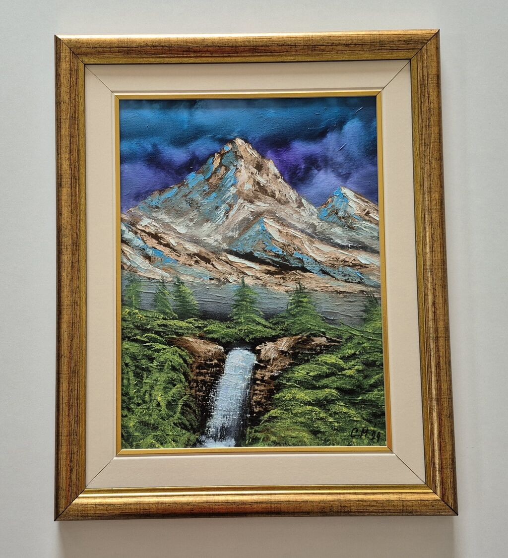 Oil on canvas - Waterfall in the mountain, beautiful