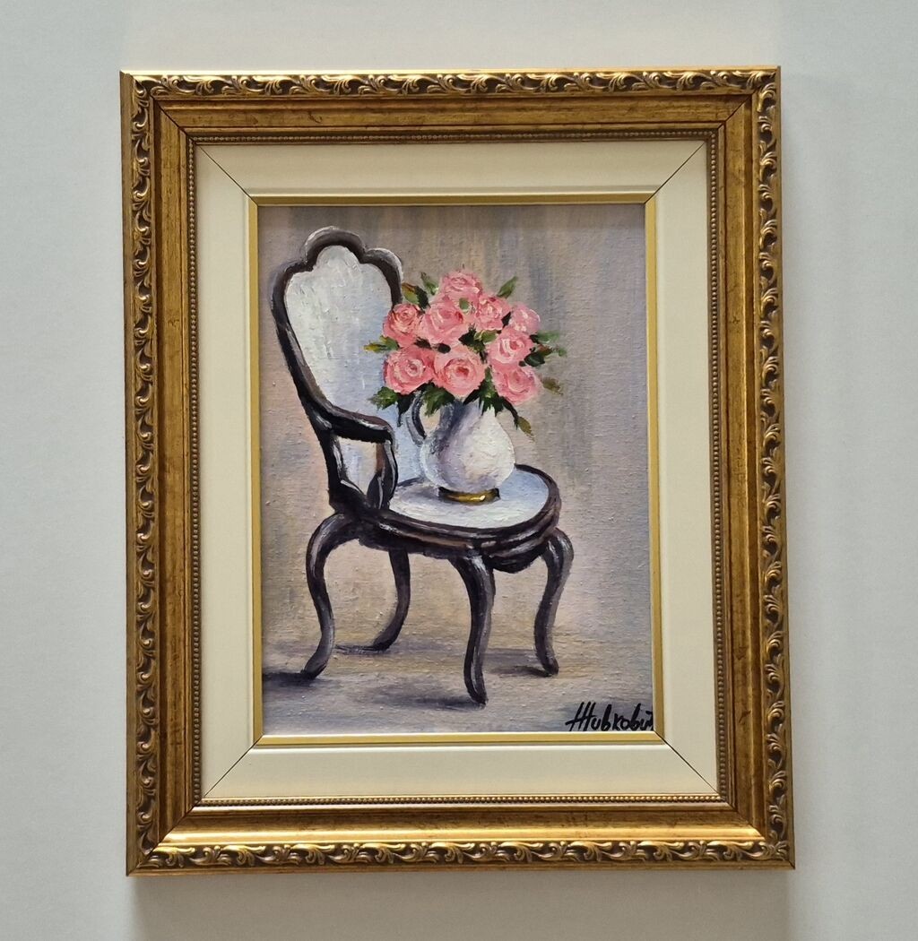 Oil on canvas - Chair and roses, beautiful painting