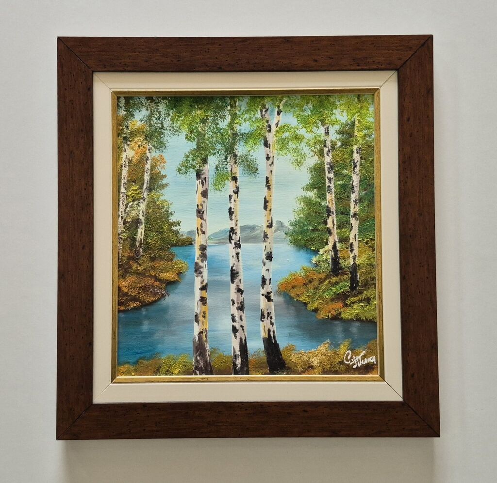 Oil on canvas - Birches by the river, beautiful