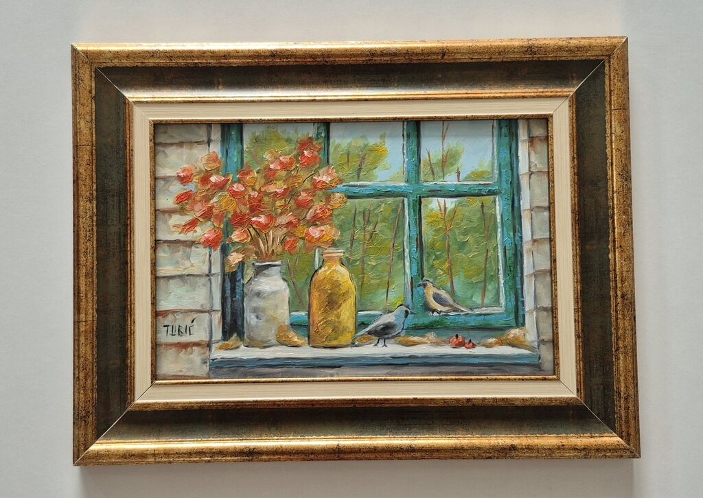 Oil on hardboard - Birds on the window