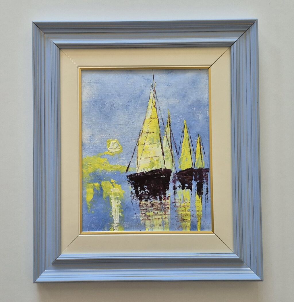 Oil on canvas - Sun and sailboats, beautiful