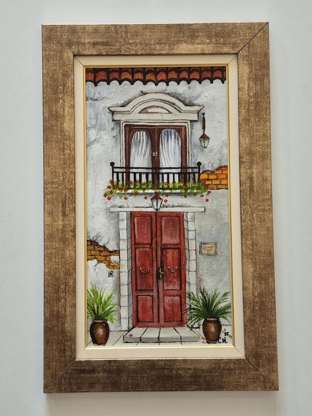 Oil on canvas - Old house with a red door