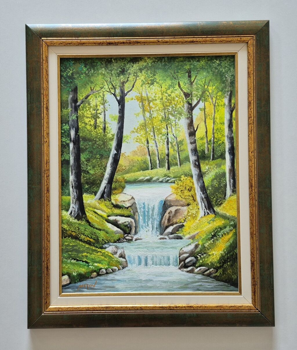 Oil on canvas - Forest waterfall, beautiful painting