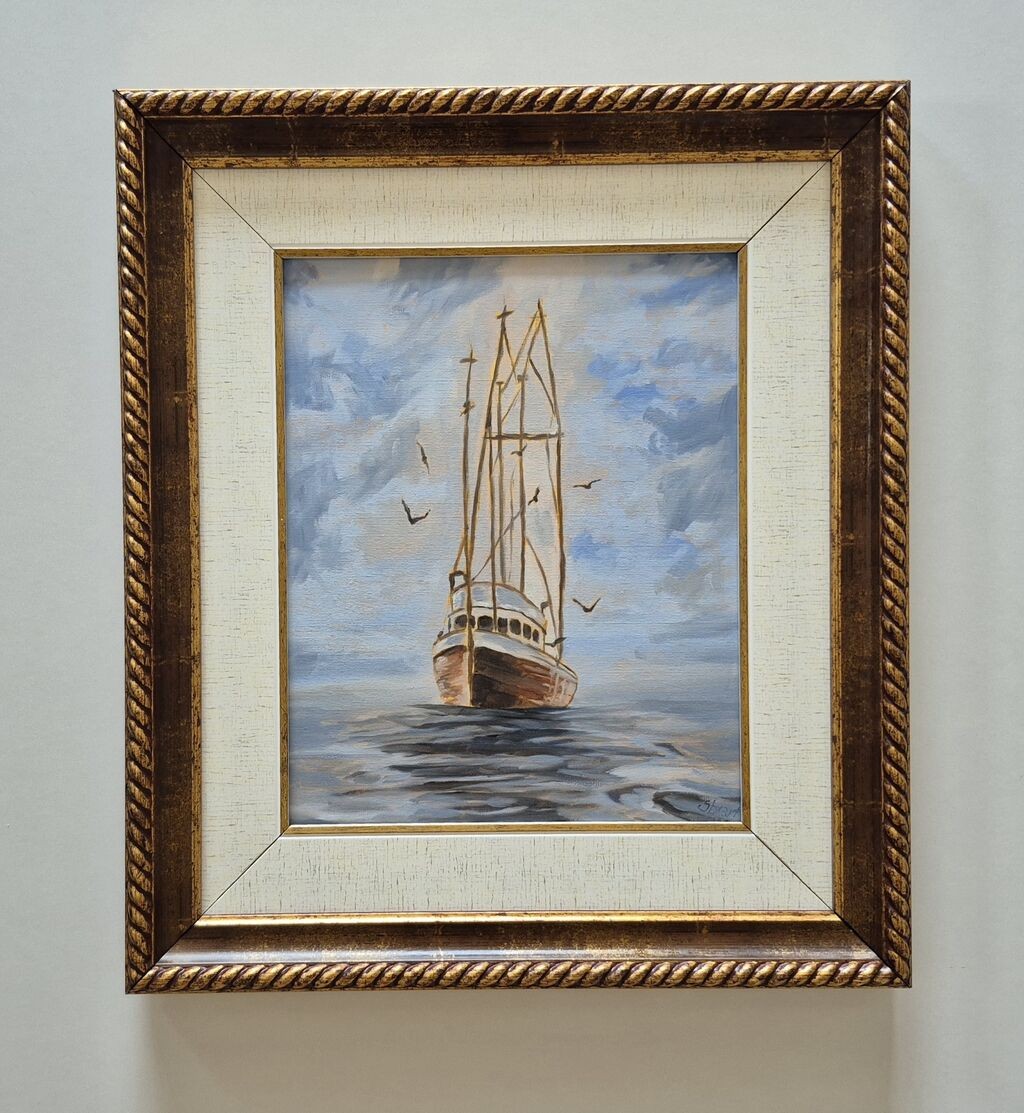 Oil on canvas - Ship, birds and sea
