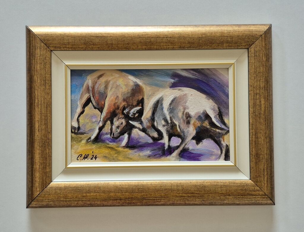 Oil on canvas - Two bulls, a beautiful picture