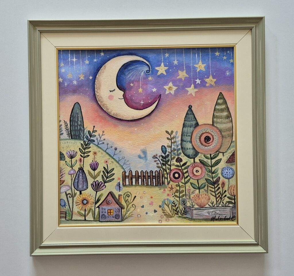Oil on canvas - Moon and stars, beautiful picture