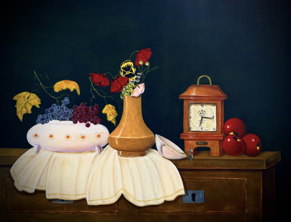 Old clock, grapes, and a vase with flowers