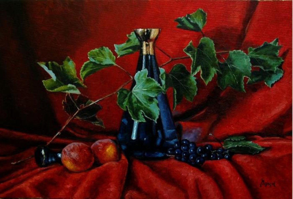 Blue carafe and fruit