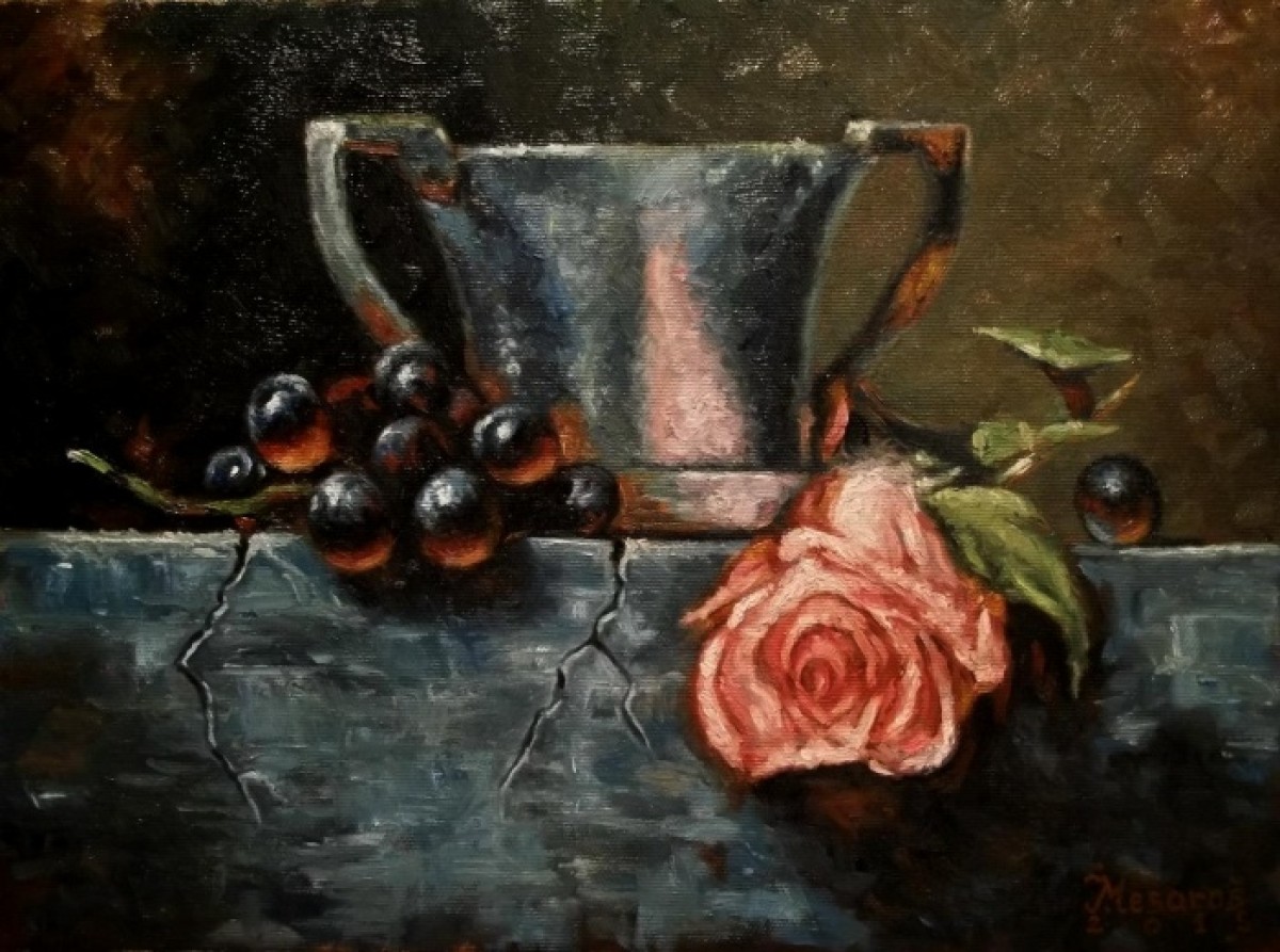 Still life with grapes and a rose