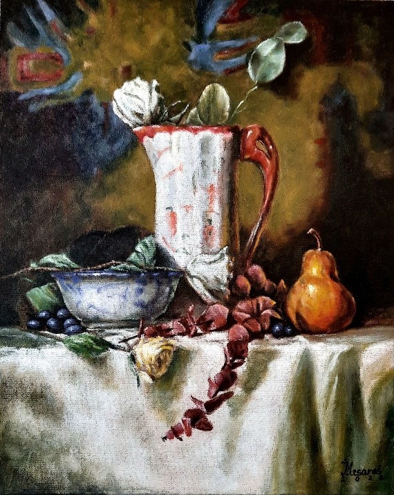 Still life of roses and fruit